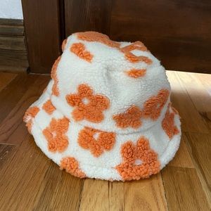 White & Orange Fuzzy Bucket Hat